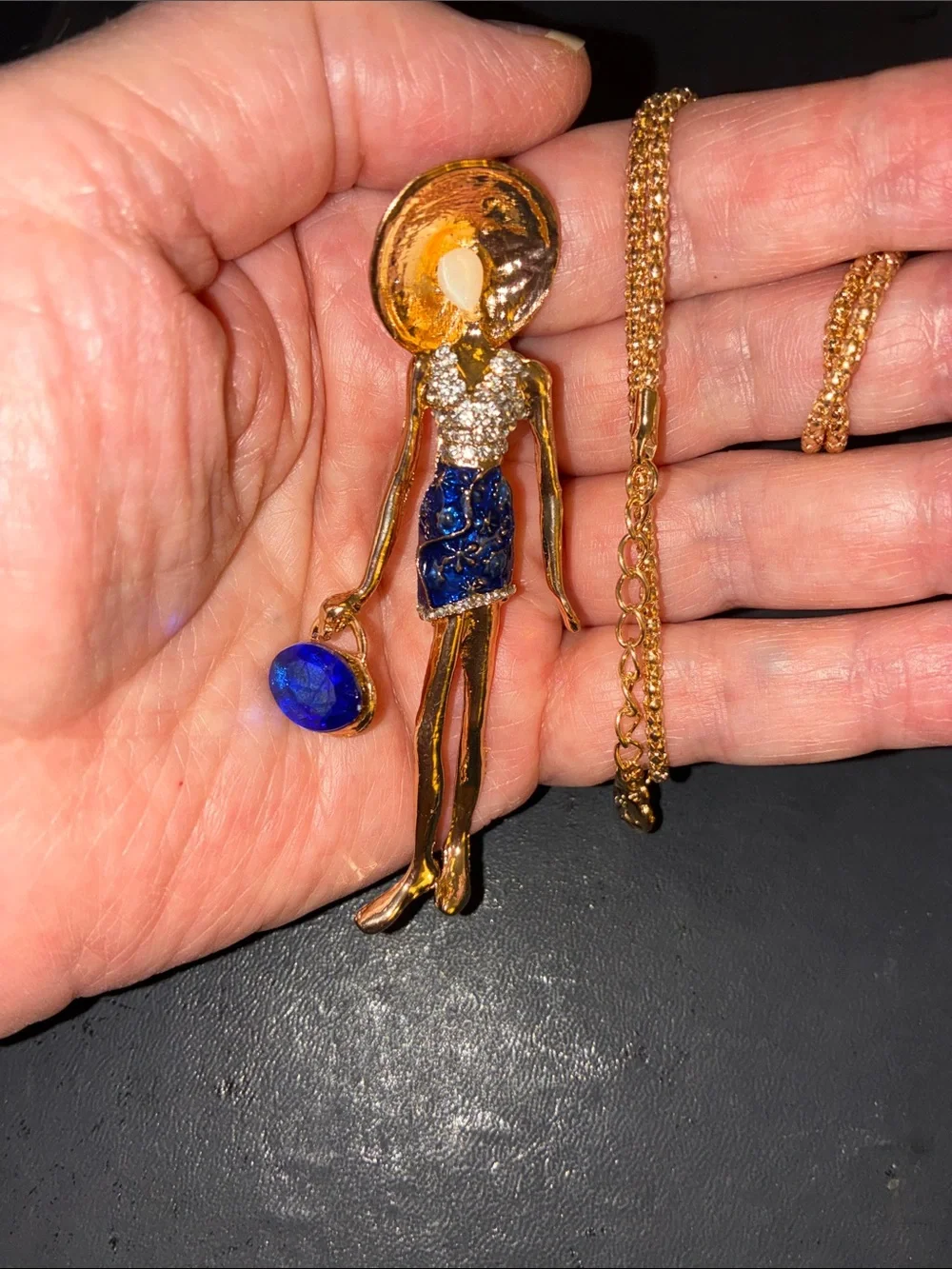 Doll Pendant Necklace with Blue Crystals